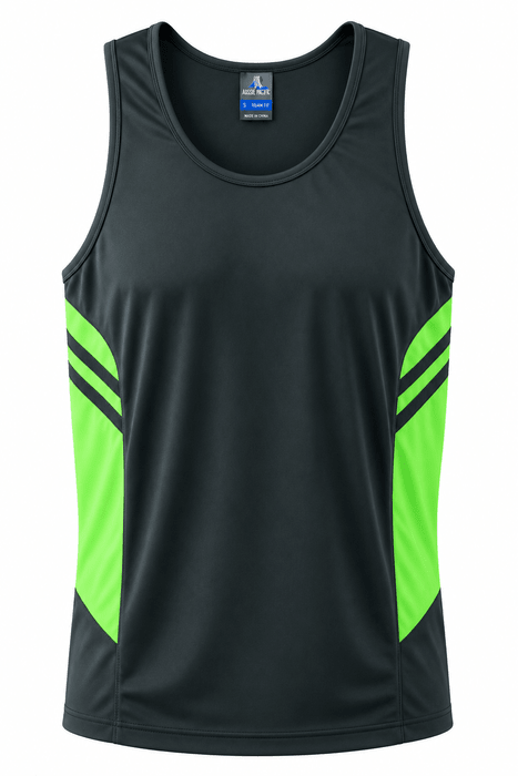 Tasman Mens Singlets - SLATE/NEON GREEN