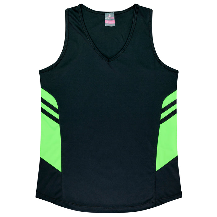 Tasman Lady Singlets - BLACK/NEON GREEN