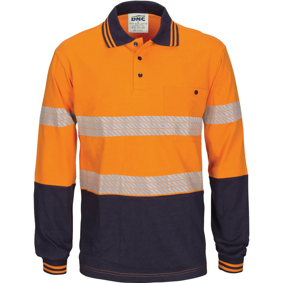 HIVIS Segment Tape Cotton Jersey Polo - Long Sleeve - Orange/Navy