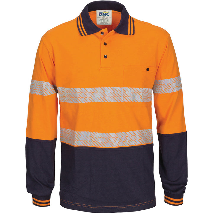 HIVIS Segment Tape Cotton Jersey Polo - Long Sleeve - Orange/Navy