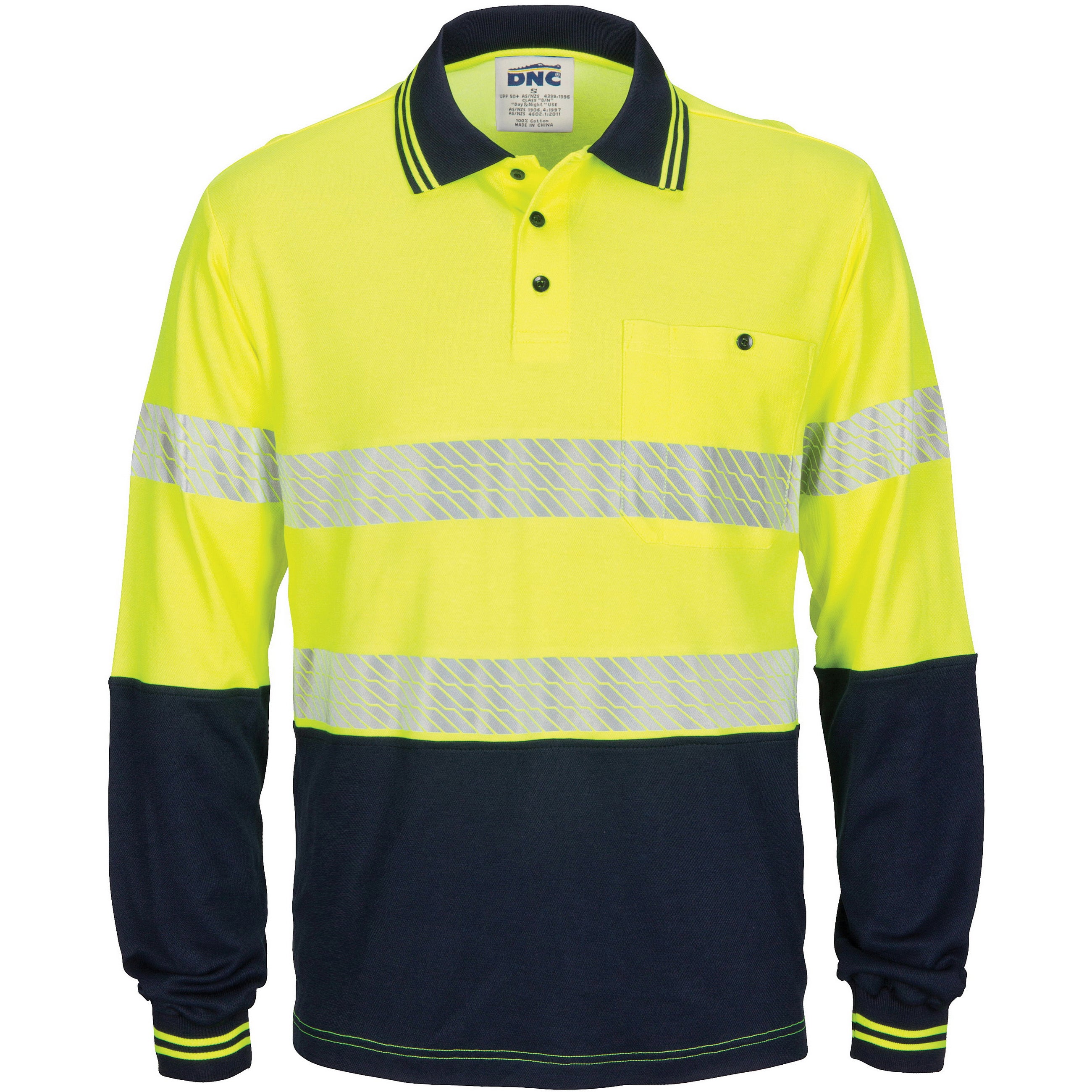 HIVIS Segment Taped Cotton Backed Polo - Long Sleeve - Yellow/Navy