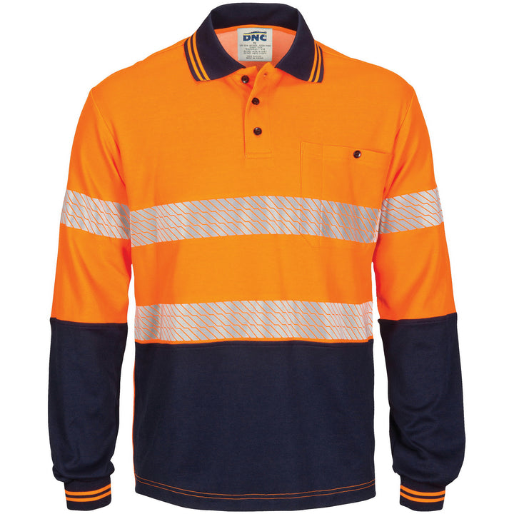 HIVIS Segment Taped Cotton Backed Polo - Long Sleeve - Orange/Navy