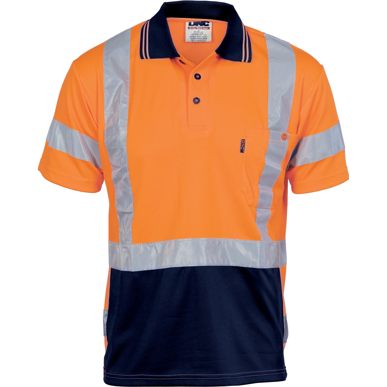 HiVis D/N Cool Breathe Polo Shirt with "X" Back CSR R/Tape - Short Sleeve - Orange/Navy