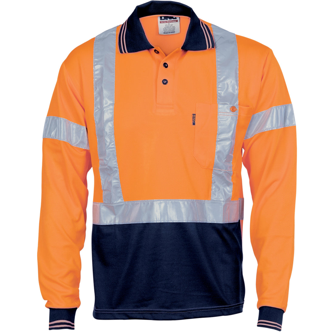 HiVis D/N Cool Breathe Polo Shirt with "X" Back CSR R/Tape - Long Sleeve - Orange/Navy