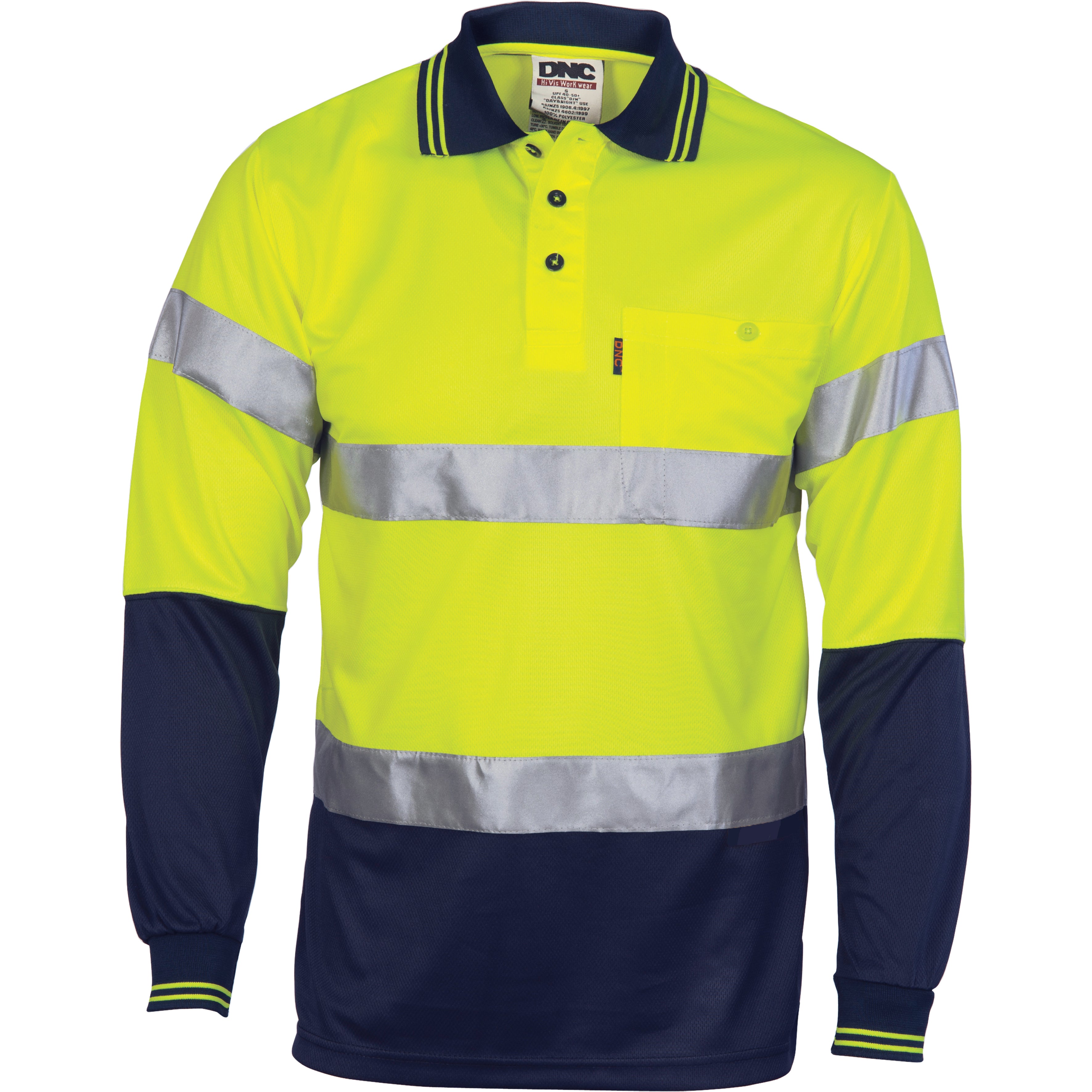 HiVis D/N Cool Breathe Polo Shirt With CSR R/Tape - Long Sleeve - Yellow/Navy