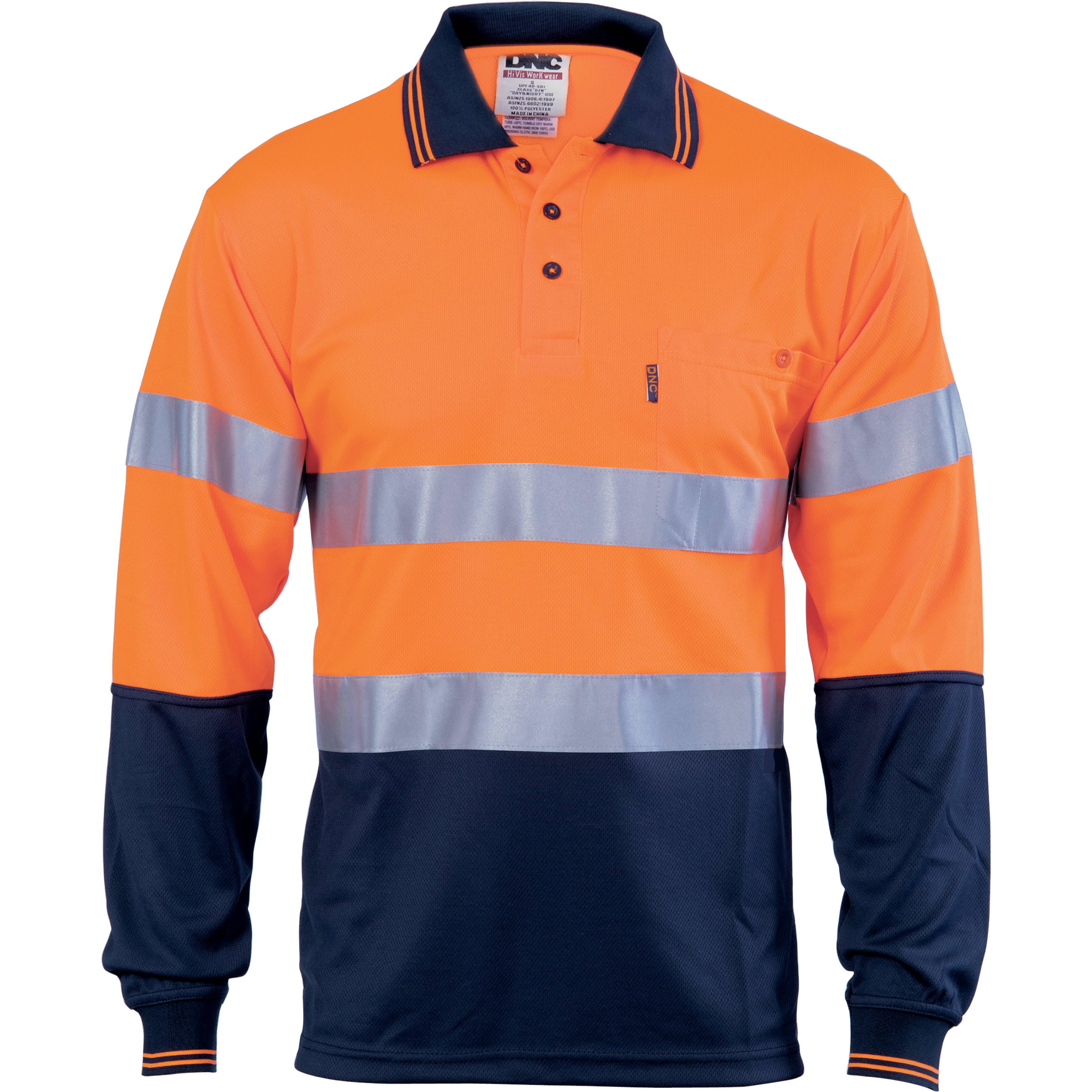 HiVis D/N Cool Breathe Polo Shirt With CSR R/Tape - Long Sleeve - Orange/Navy