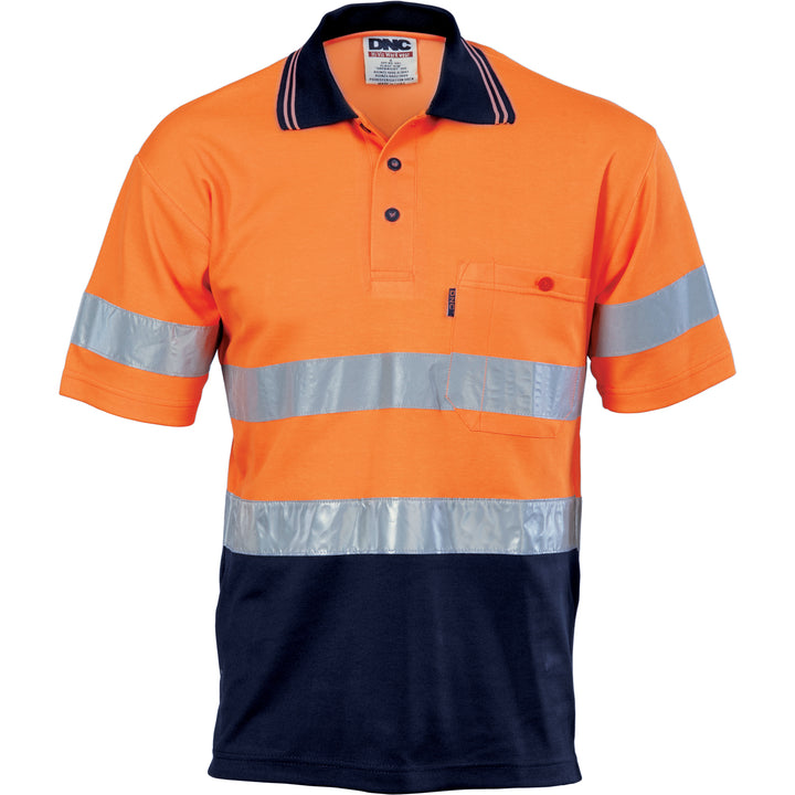 HiVis Two Tone Cotton Back Polos with CSR R/Tape - Short Sleeve - Orange/Navy