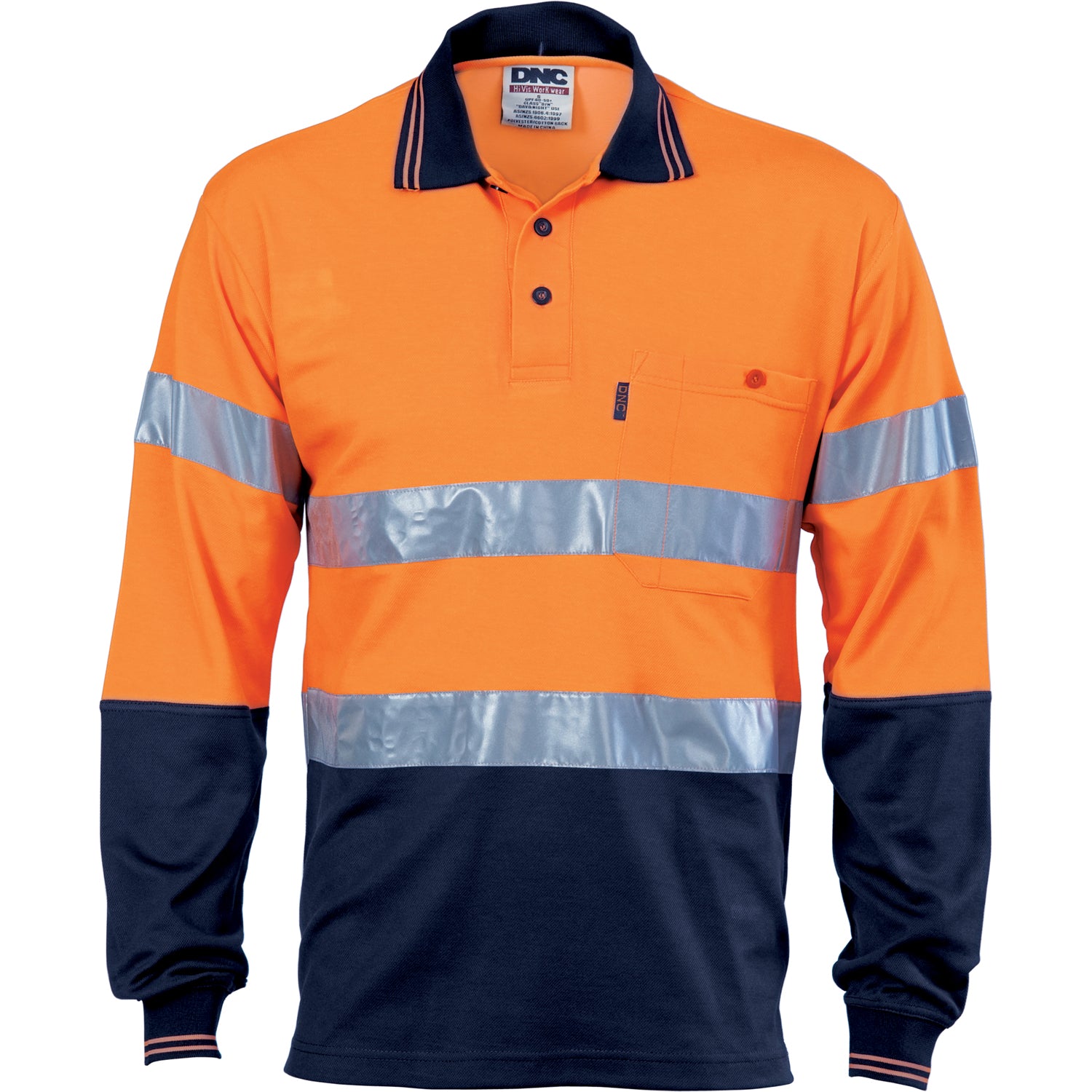 HiVis Two Tone Cotton Back Polos with CSR R/Tape - L/S - Orange/Navy