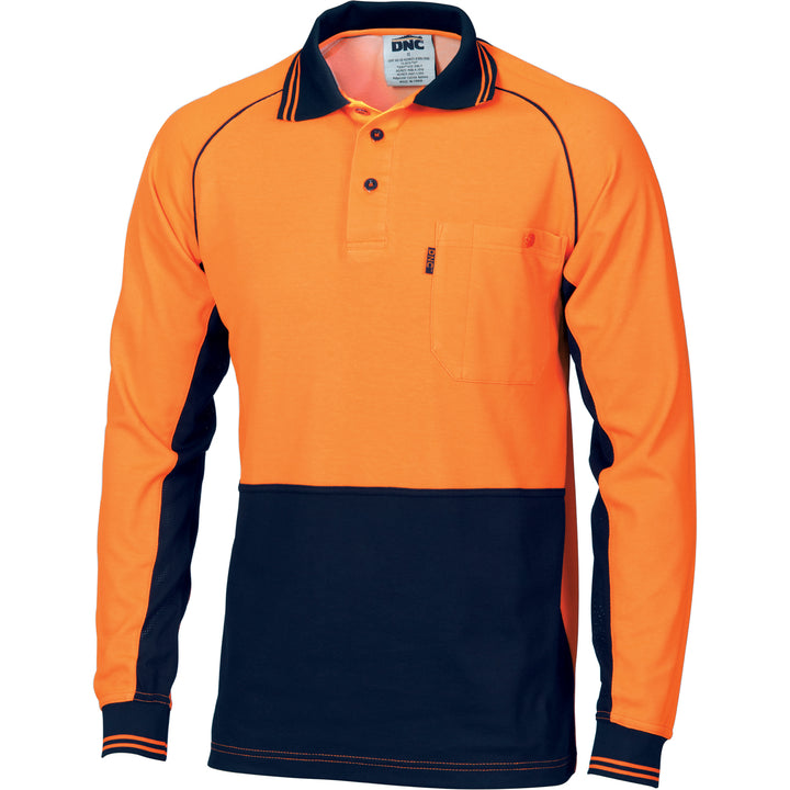 HiVis Cotton Backed Cool-Breeze Contrast Polo - long Sleeve - Orange/Navy
