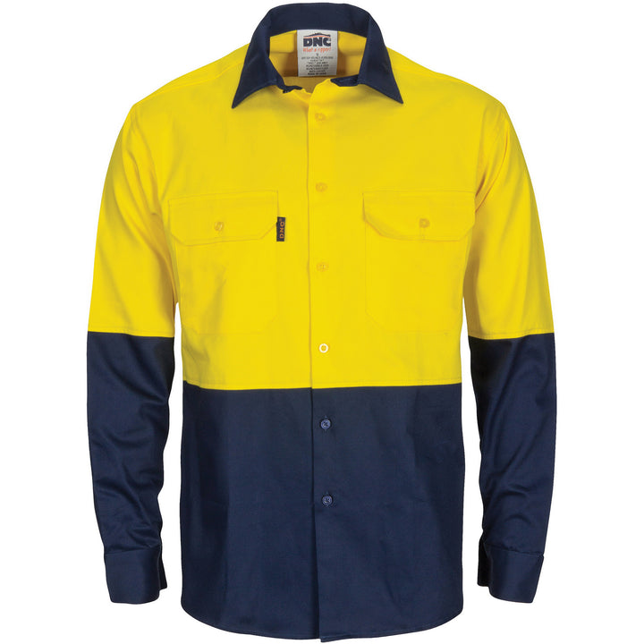 HiVis L/W Cool-Breeze Two Tone Vertical Vented Cotton Shirt with Gusset Sleeves - Long Sleeve - Yellow/Navy