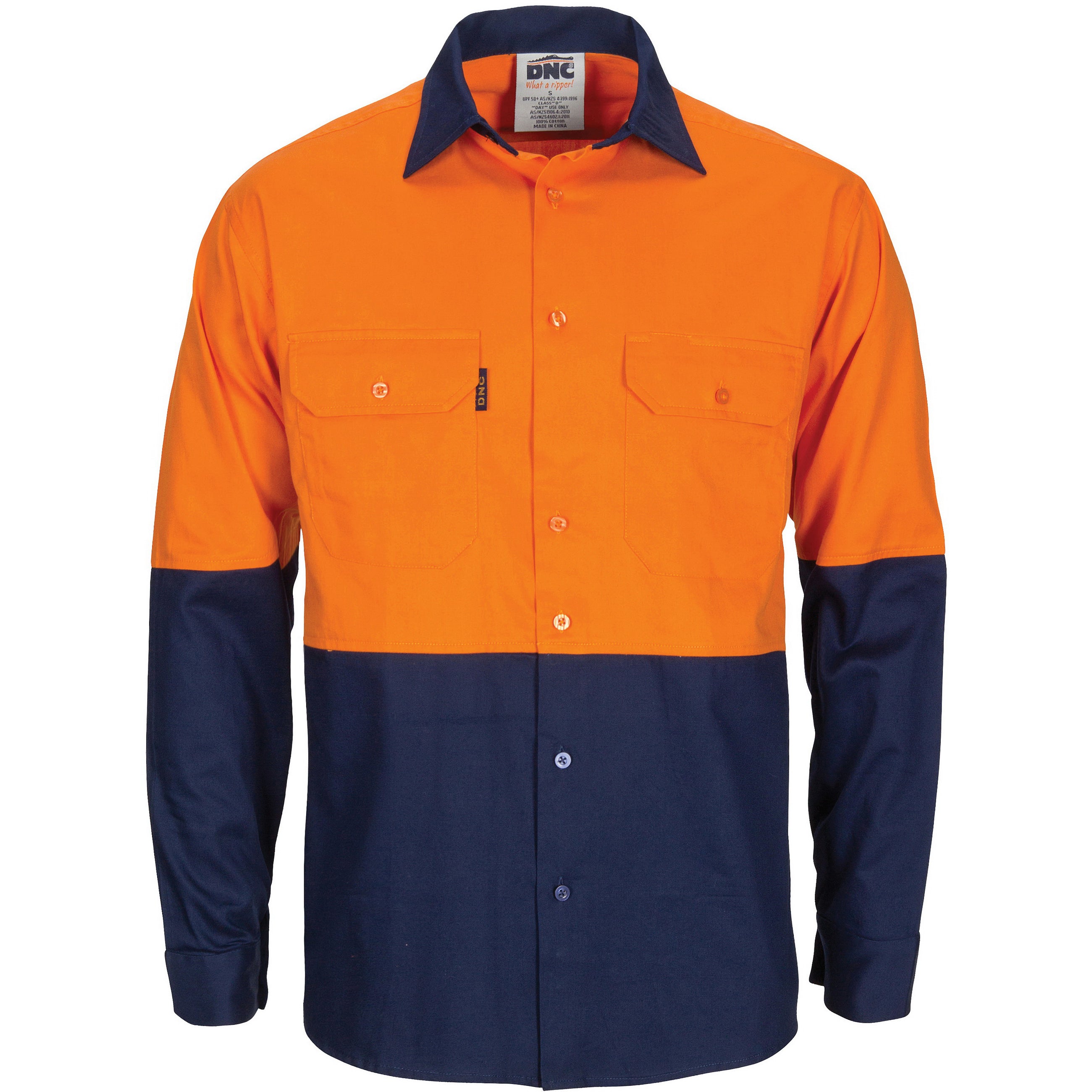 HiVis L/W Cool-Breeze Two Tone Vertical Vented Cotton Shirt with Gusset Sleeves - Long Sleeve - Orange/Navy