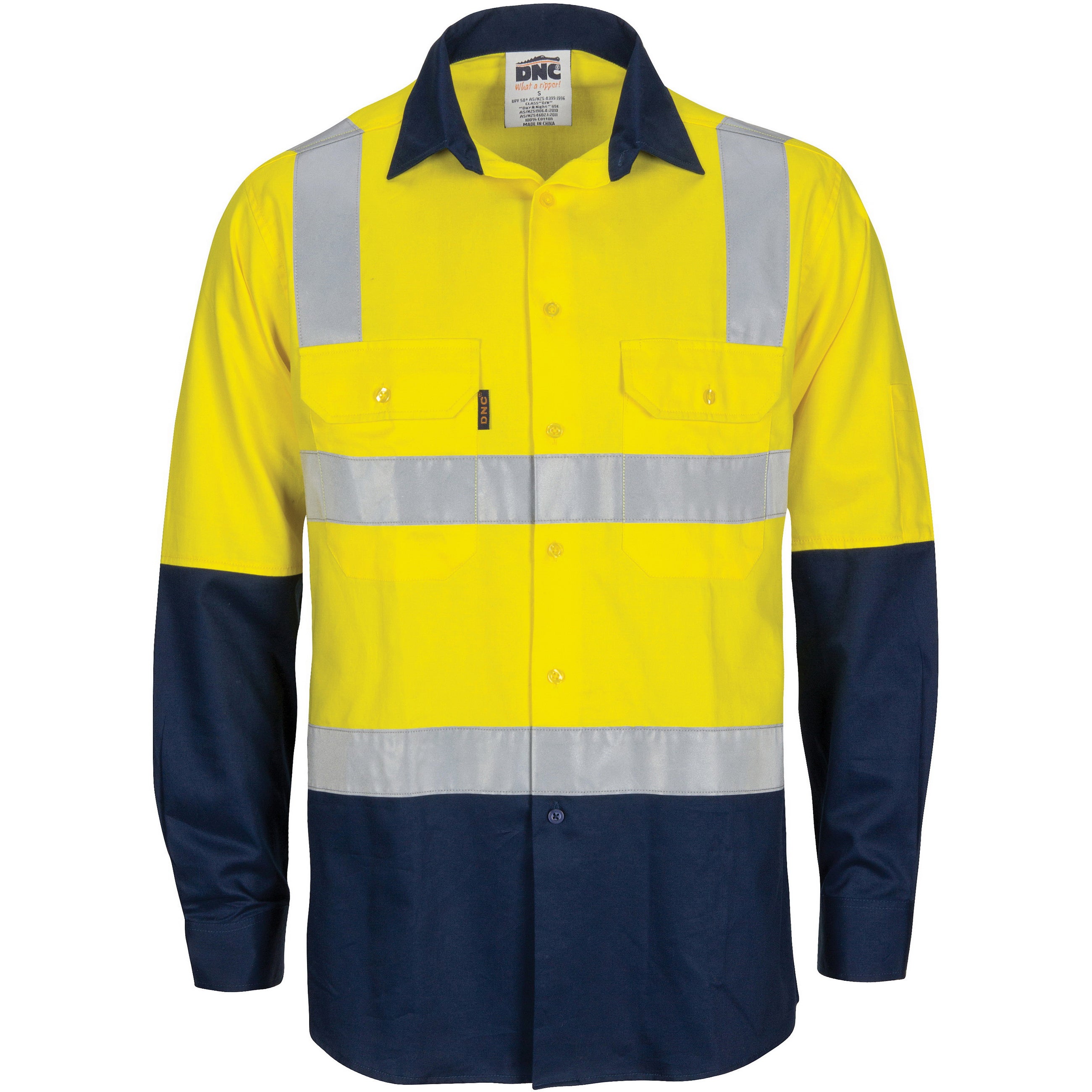 HiVis Two Tone Cool-Breeze Cotton Shirt with Hoop & Shoulder CSR R/Tape - Long Sleeve - Yellow/Navy