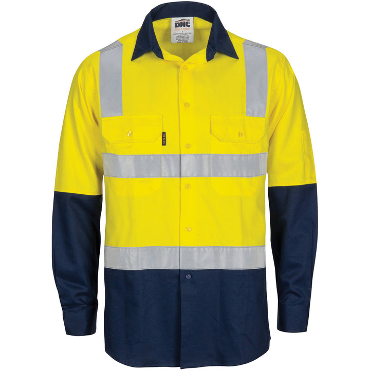 HiVis Two Tone Cool-Breeze Cotton Shirt with Hoop & Shoulder CSR R/Tape - Long Sleeve - Yellow/Navy