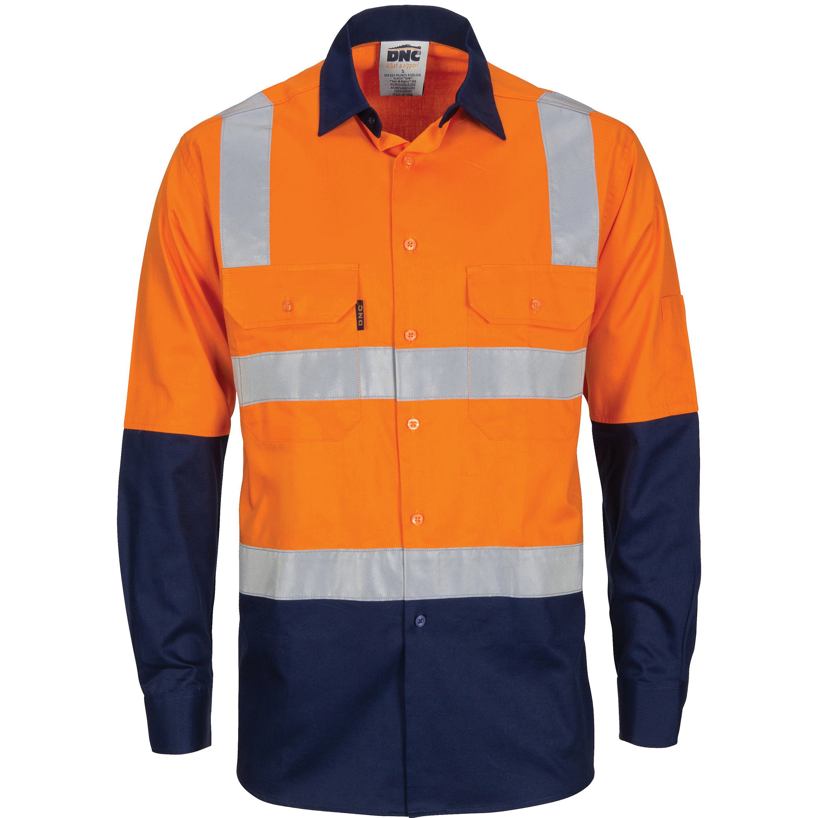 HiVis Two Tone Cool-Breeze Cotton Shirt with Hoop & Shoulder CSR R/Tape - Long Sleeve - Orange/Navy