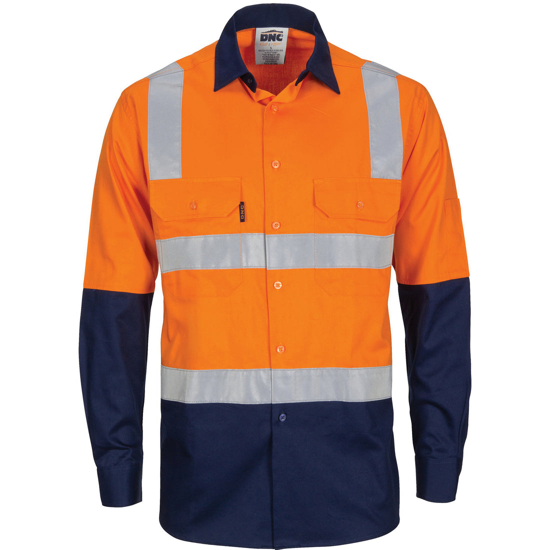 HiVis Two Tone Cool-Breeze Cotton Shirt with Hoop & Shoulder CSR R/Tape - Long Sleeve - Orange/Navy