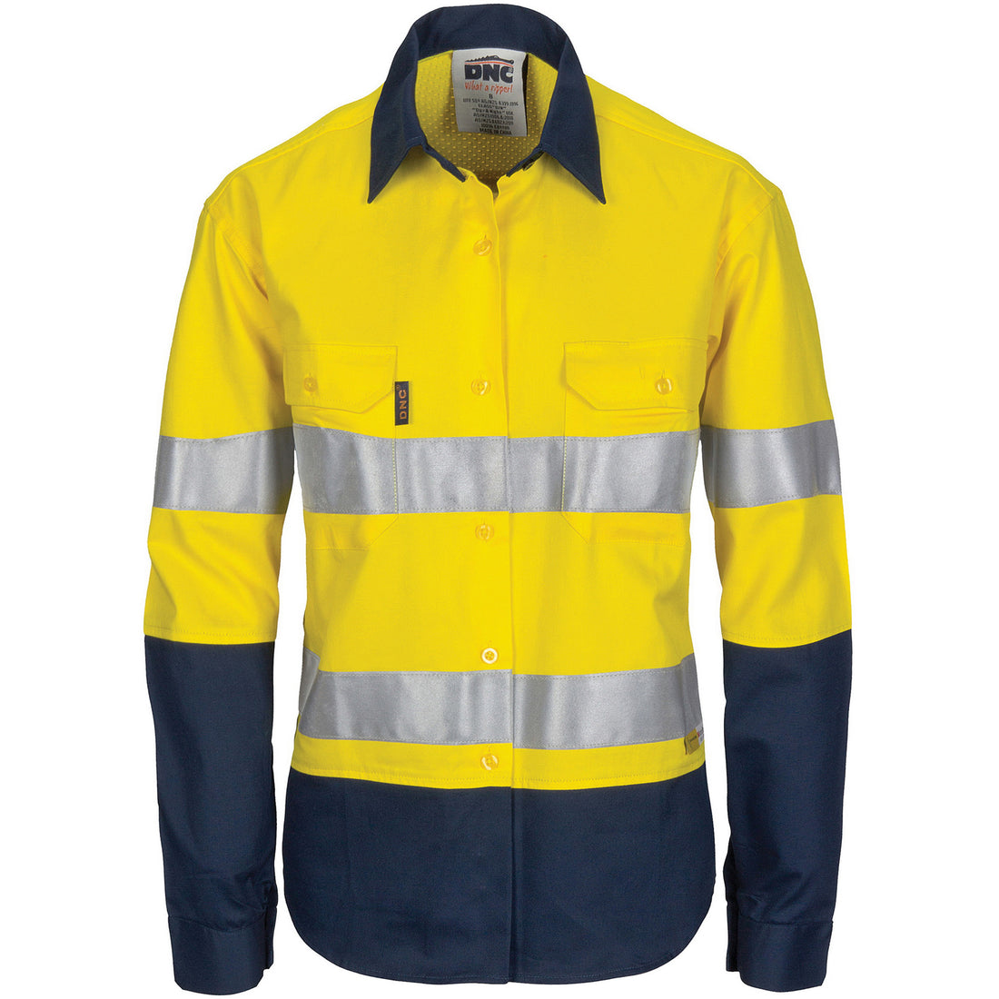 Ladies HiVis 3 Way Cool-Breeze Cotton Shirt with Gusset Sleeve, CSR R/Tape - Long Sleeve - Yellow/Navy