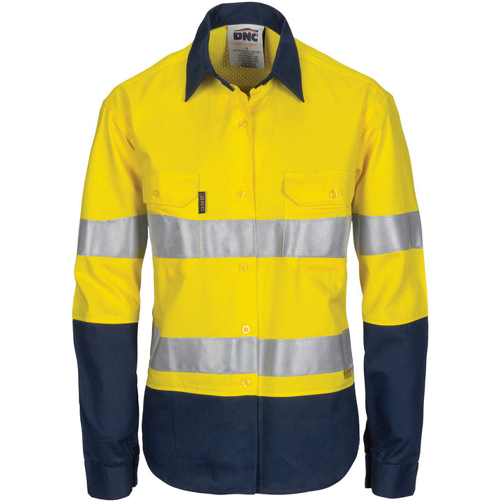 Ladies HiVis 3 Way Cool-Breeze Cotton Shirt with Gusset Sleeve, CSR R/Tape - Long Sleeve - Yellow/Navy
