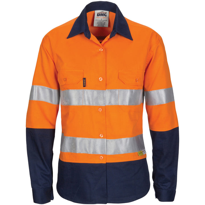 Ladies HiVis 3 Way Cool-Breeze Cotton Shirt with Gusset Sleeve, CSR R/Tape - Long Sleeve - Orange/Navy