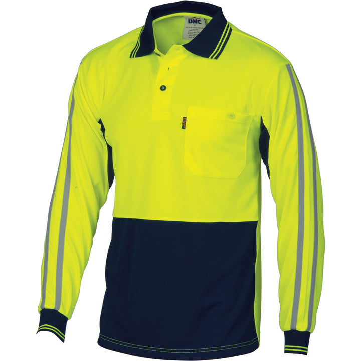 HiVis Cool-Breathe Stripe Polo - long Sleeve - Yellow/Navy
