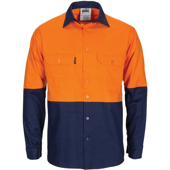 HiVis R/W Cool-Breeze Two Tone Vertical Vented Cotton Shirt with Gusset Sleeves - Long Sleeve - Orange/Navy