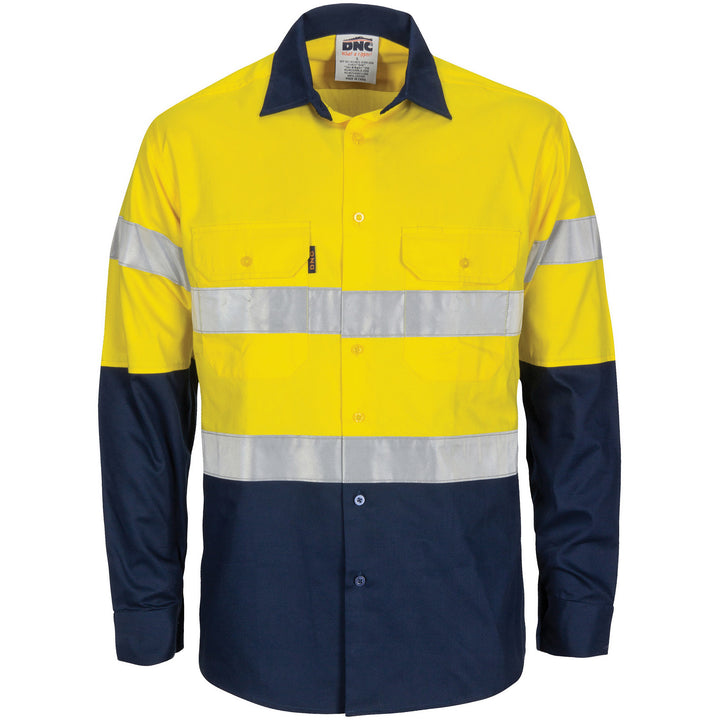 HiVis L/W Cool-Breeze Two Tone Vertical Vented Cotton Shirt with Gusset Sleeves CSR R/Tape - Long Sl - Yellow/Navy