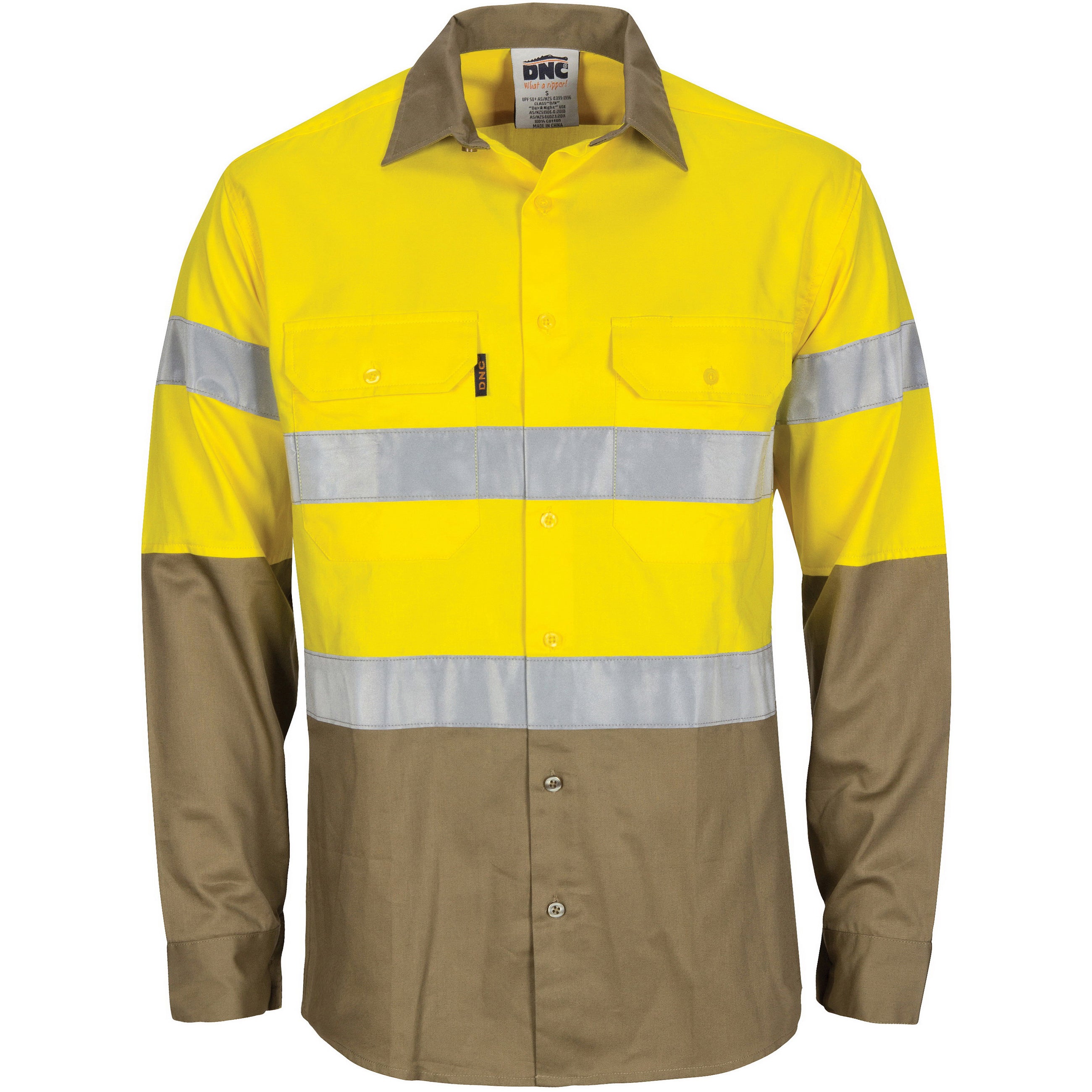 HiVis L/W Cool-Breeze Two Tone Vertical Vented Cotton Shirt with Gusset Sleeves CSR R/Tape - Long Sl - Yellow/Khaki