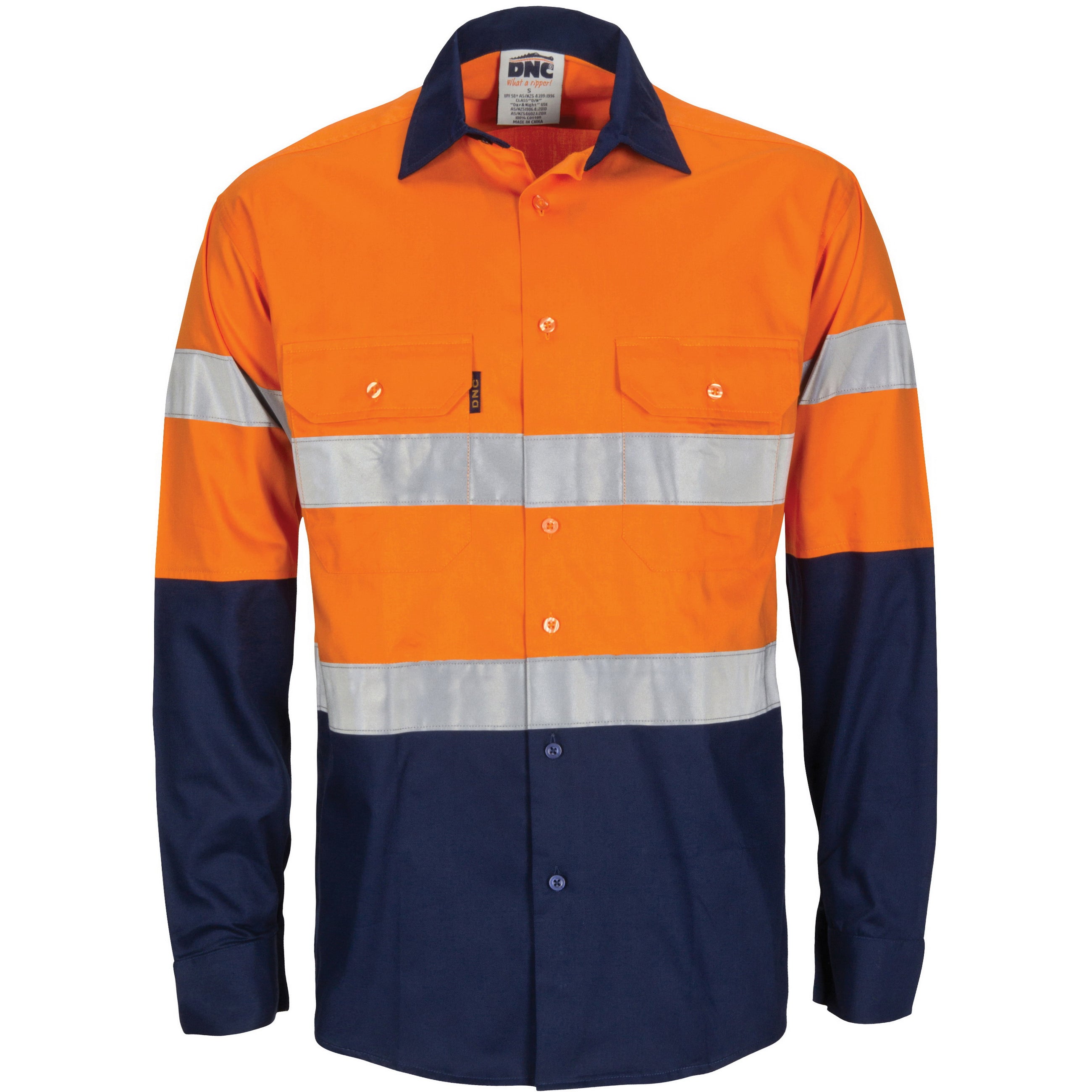 HiVis L/W Cool-Breeze Two Tone Vertical Vented Cotton Shirt with Gusset Sleeves CSR R/Tape - Long Sl - Orange/Navy