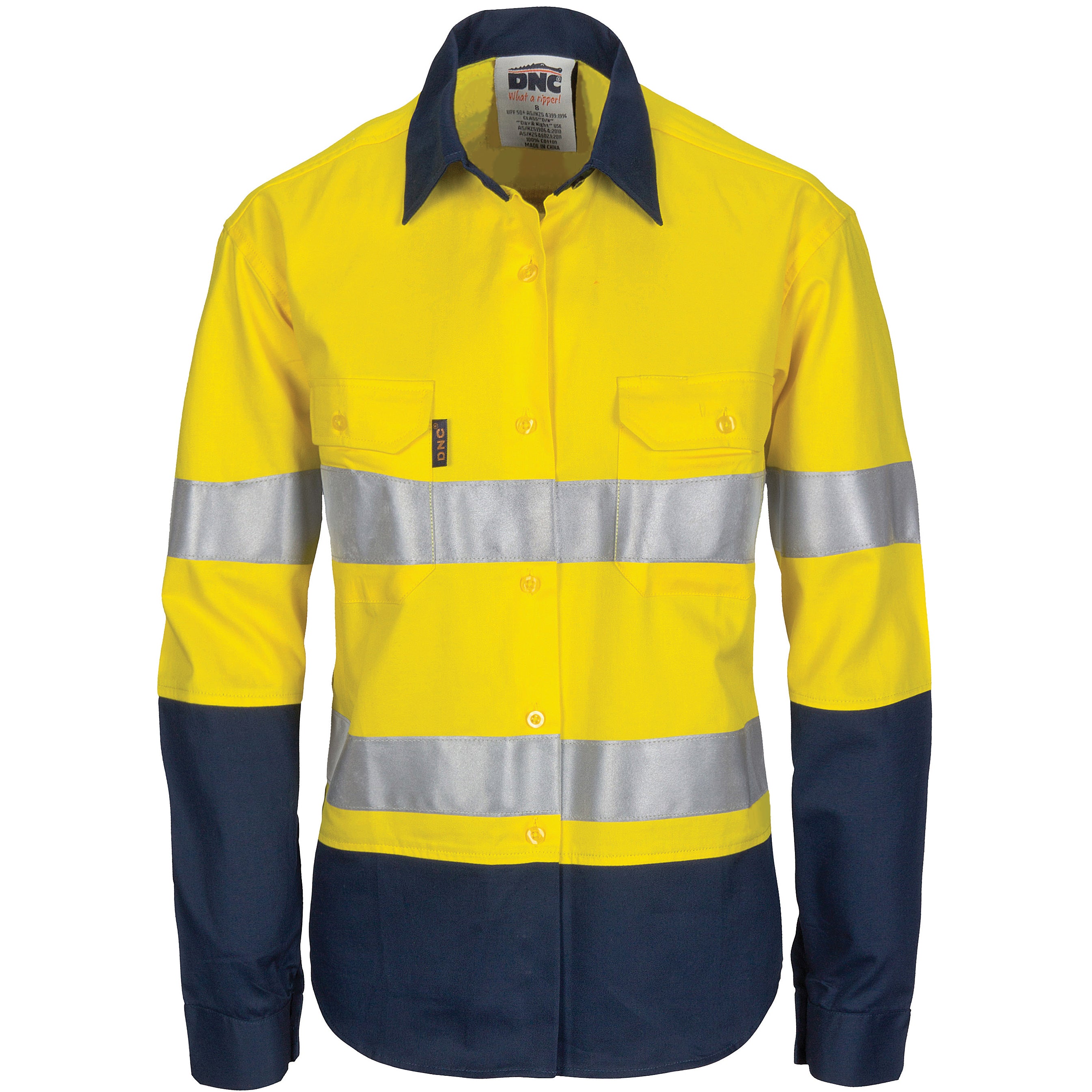 Ladies HIVIS Cool-Breeze Cotton Shirt with CSR R/Tape - Long Sleeve - Yellow/Navy