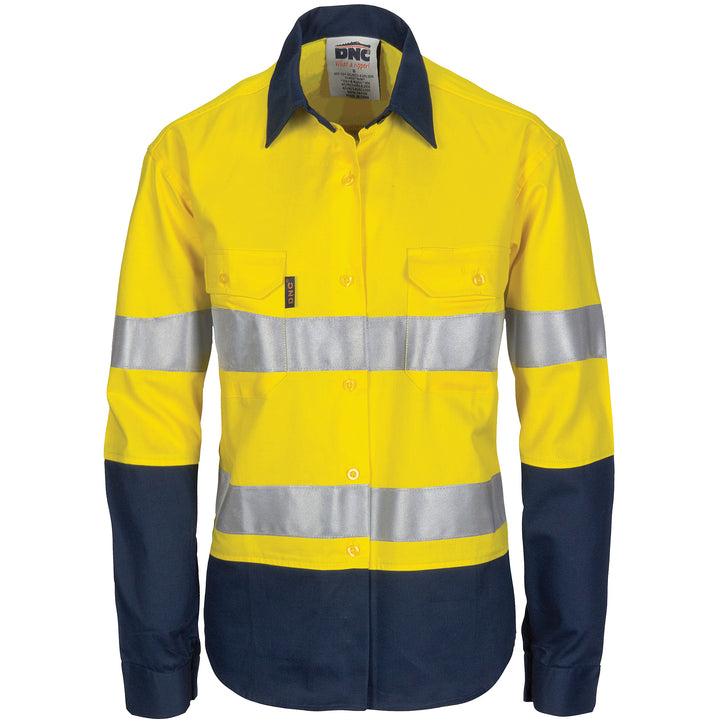 Ladies HIVIS Cool-Breeze Cotton Shirt with CSR R/Tape - Long Sleeve - Yellow/Navy