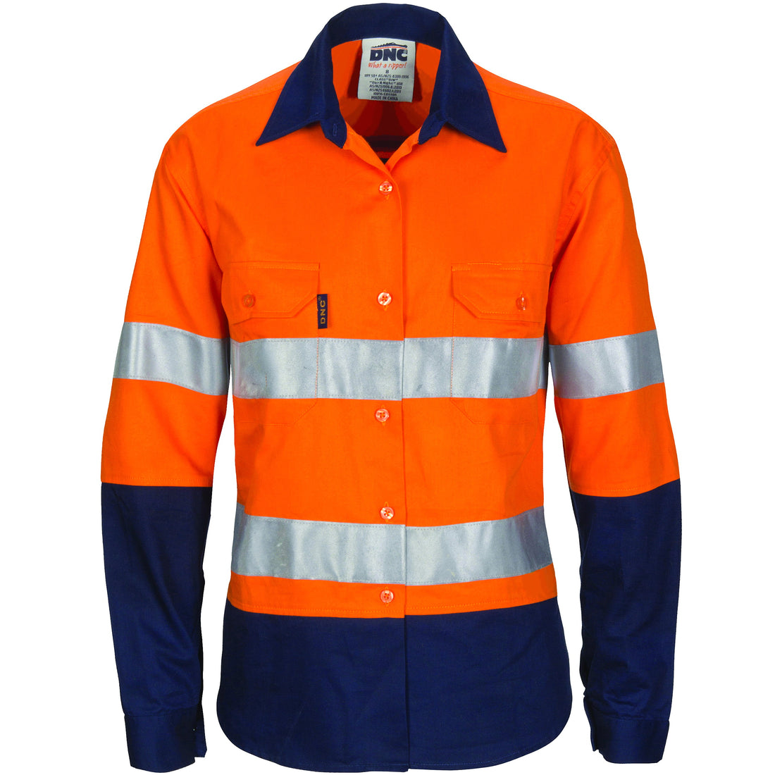 Ladies HIVIS Cool-Breeze Cotton Shirt with CSR R/Tape - Long Sleeve - Orange/Navy