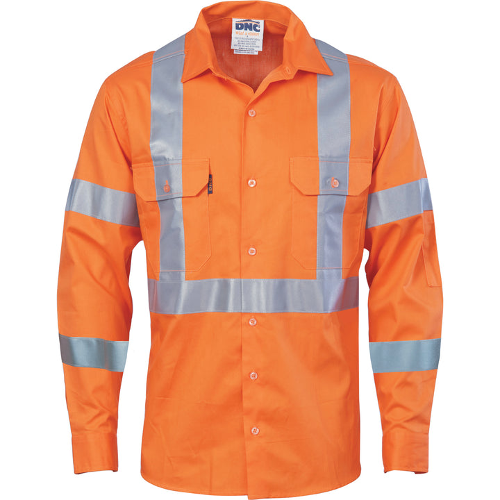 HiVis Cool-Breeze Cotton Shirt with Double Hoop on Arms & "X" Back CSR R/Tape - Long Sleeve
