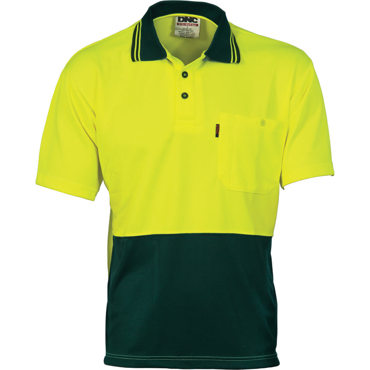 HiVis Two Tone Cool Breathe Polo Shirt - Short Sleeve - Yellow/Bottle Green