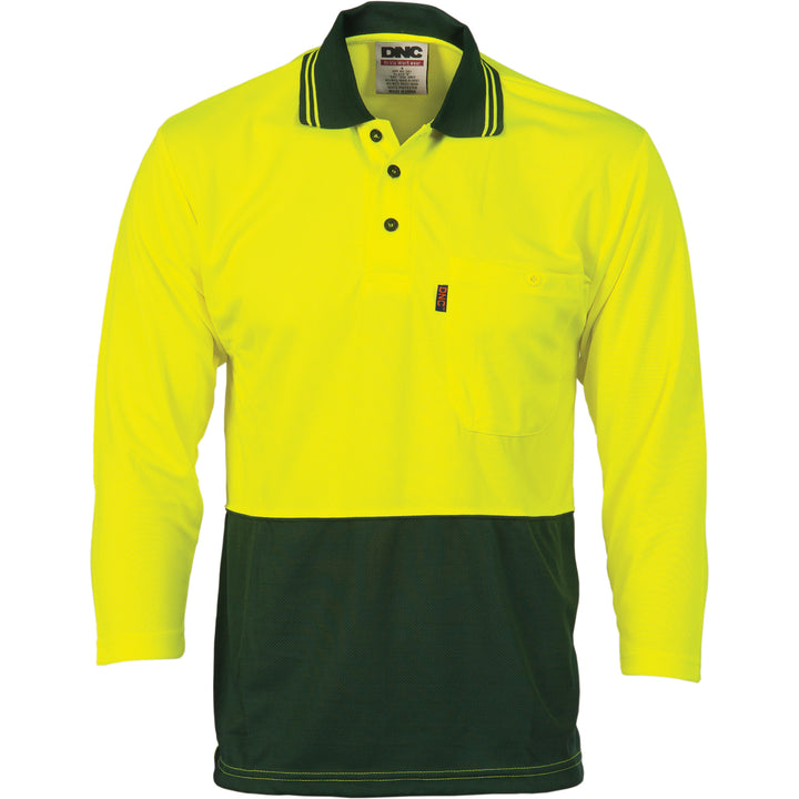 HiVis Two Tone Cool Breathe Polo Shirt, 3/4 Sleeve - Yellow/Bottle Green