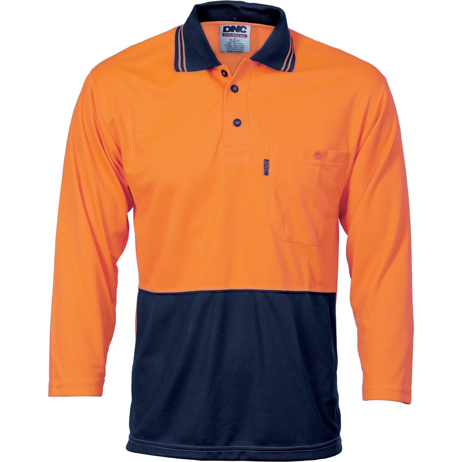 HiVis Two Tone Cool Breathe Polo Shirt, 3/4 Sleeve - Orange/Navy