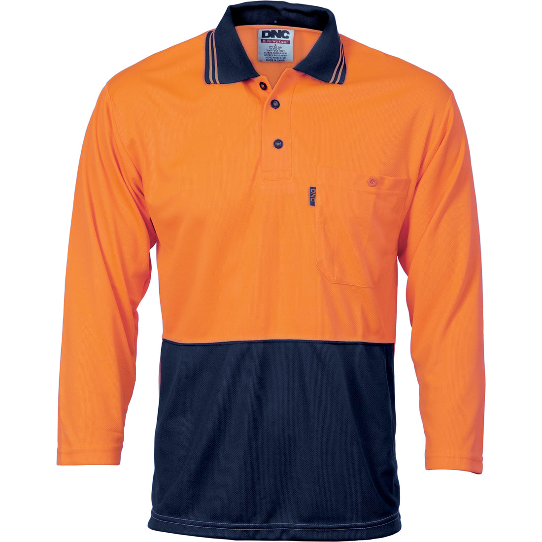 HiVis Two Tone Cool Breathe Polo Shirt, 3/4 Sleeve - Orange/Navy