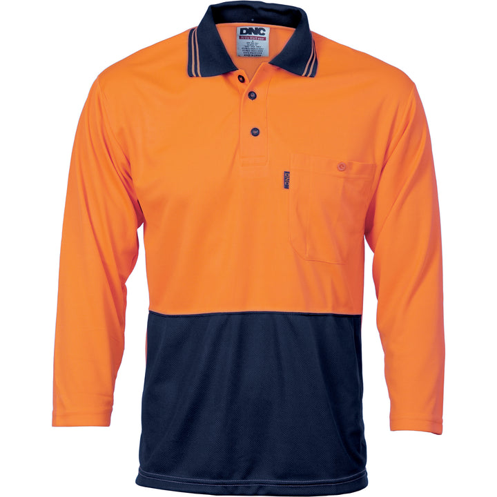 HiVis Two Tone Cool Breathe Polo Shirt, 3/4 Sleeve - Orange/Navy