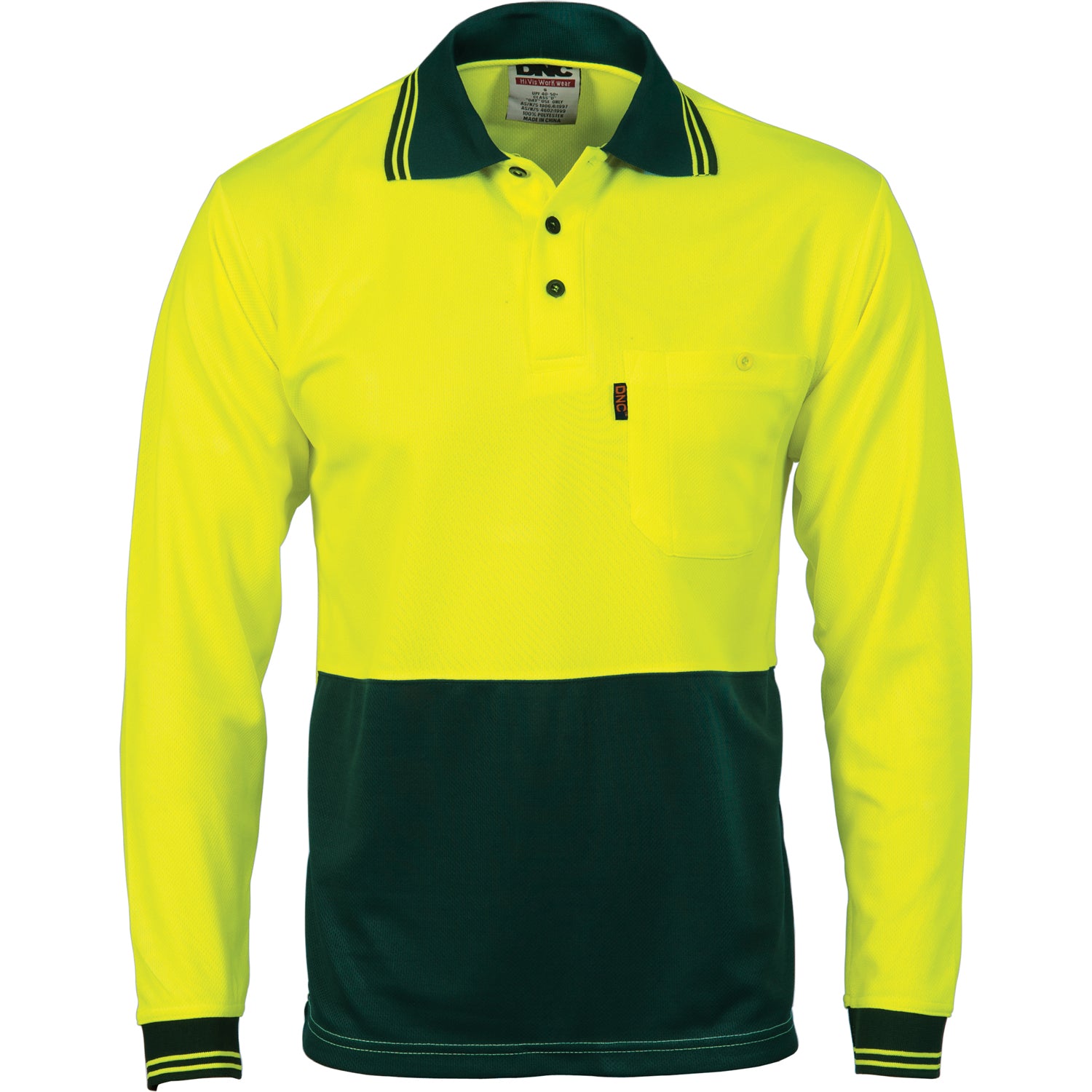 HiVis Two Tone Cool Breathe Polo Shirt - Long Sleeve - Yellow/Bottle Green