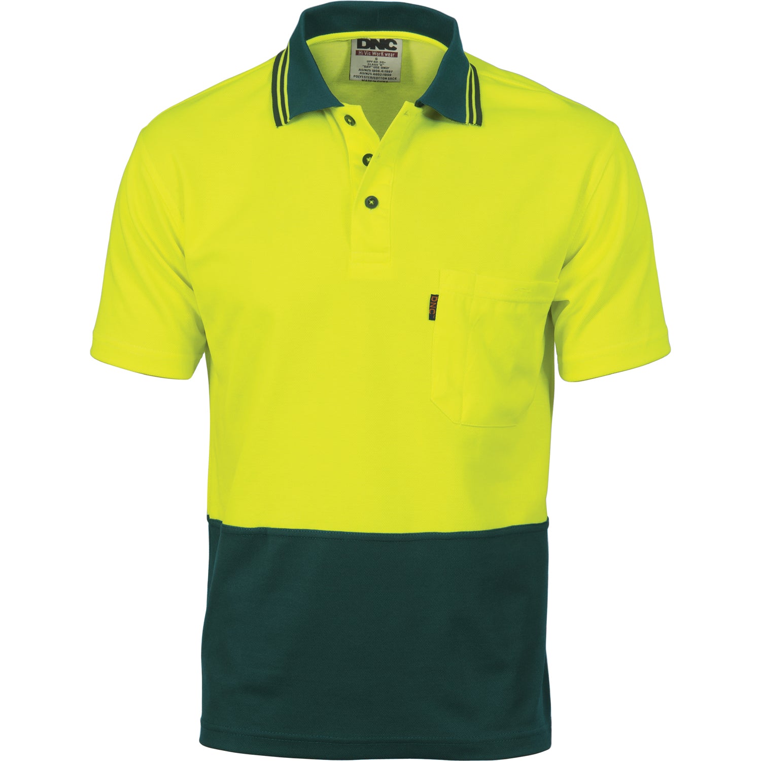 Cotton Back HiVis Two Tone Fluro Polo - Short Sleeve - Yellow/Bottle Green