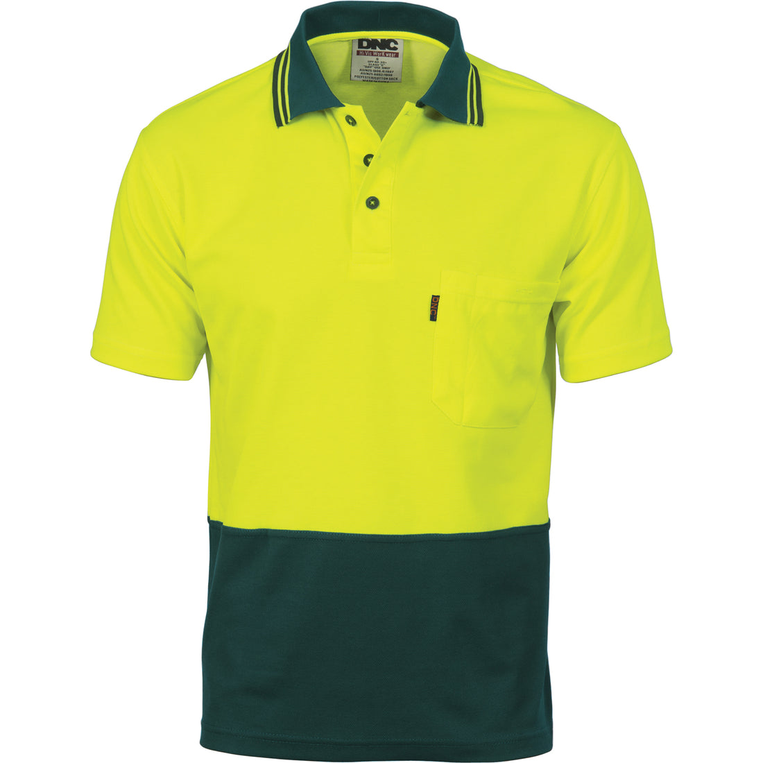 Cotton Back HiVis Two Tone Fluro Polo - Short Sleeve - Yellow/Bottle Green