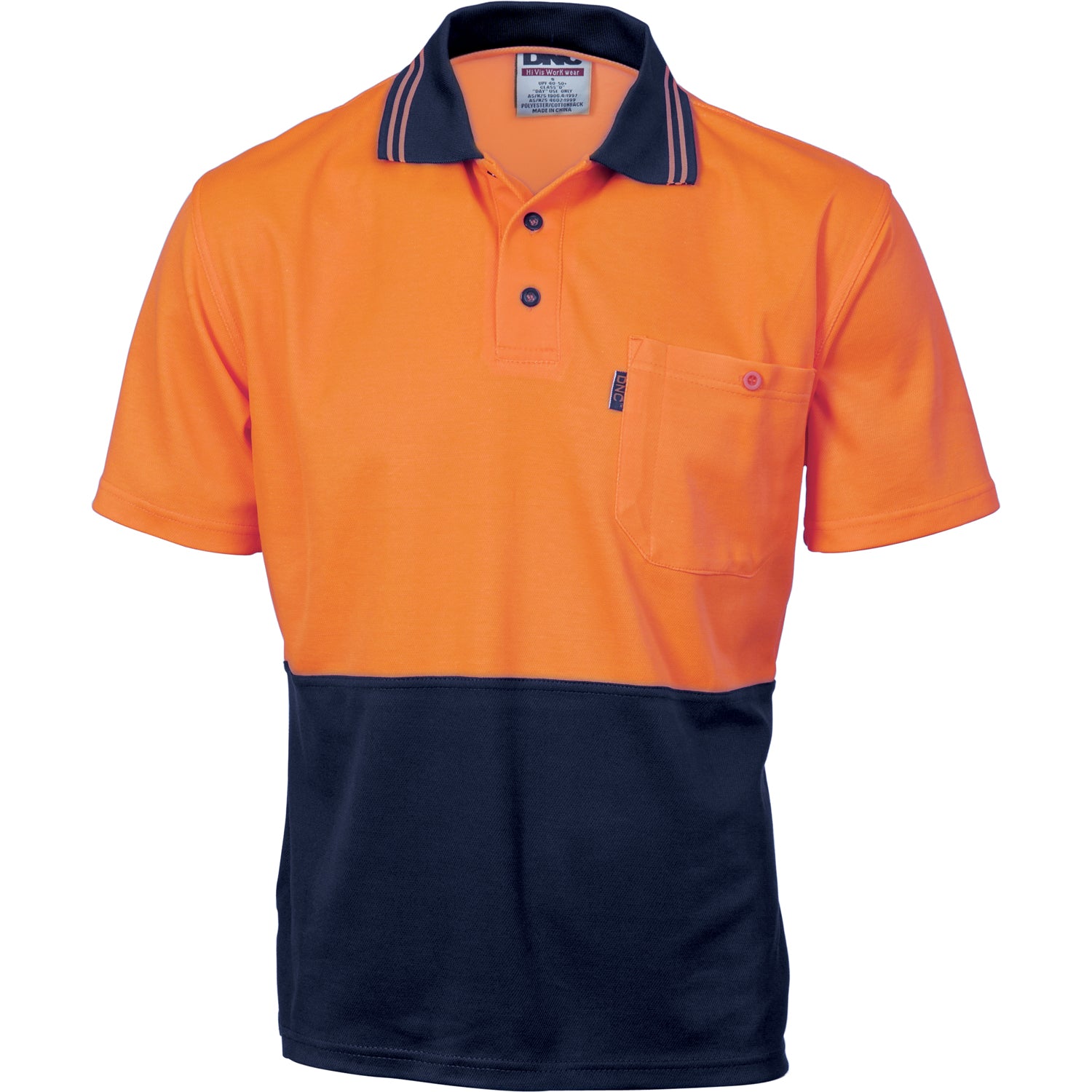 Cotton Back HiVis Two Tone Fluro Polo - Short Sleeve - Orange/Navy