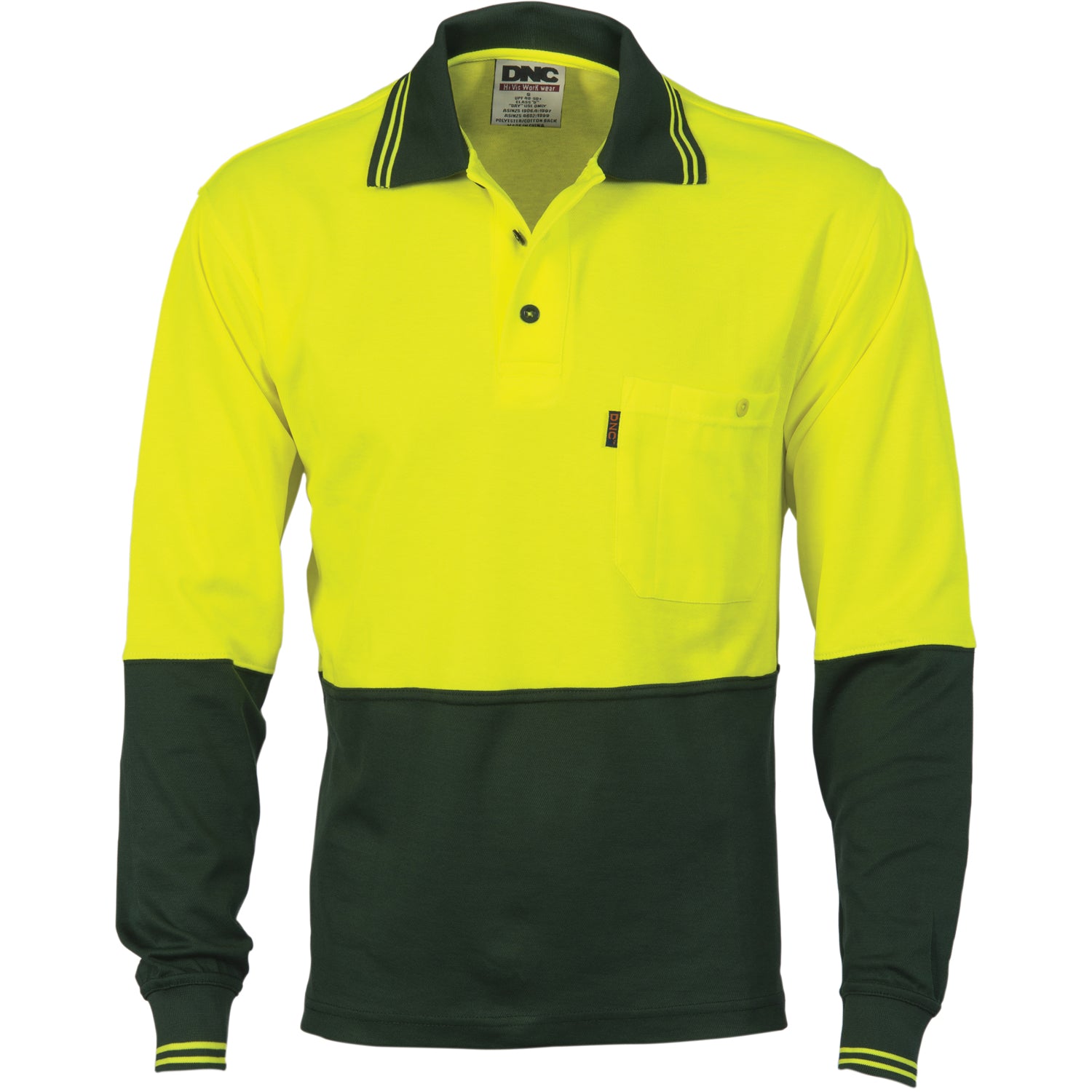 Cotton Back HiVis Two Tone Fluro Polo - Long Sleeve - Yellow/Bottle Green