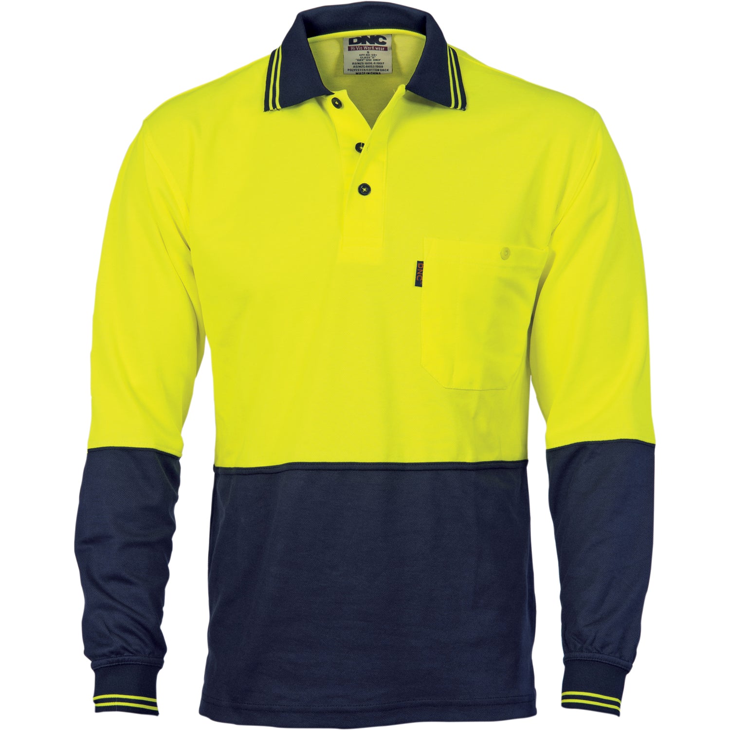 Cotton Back HiVis Two Tone Fluro Polo - Long Sleeve - Yellow/Navy