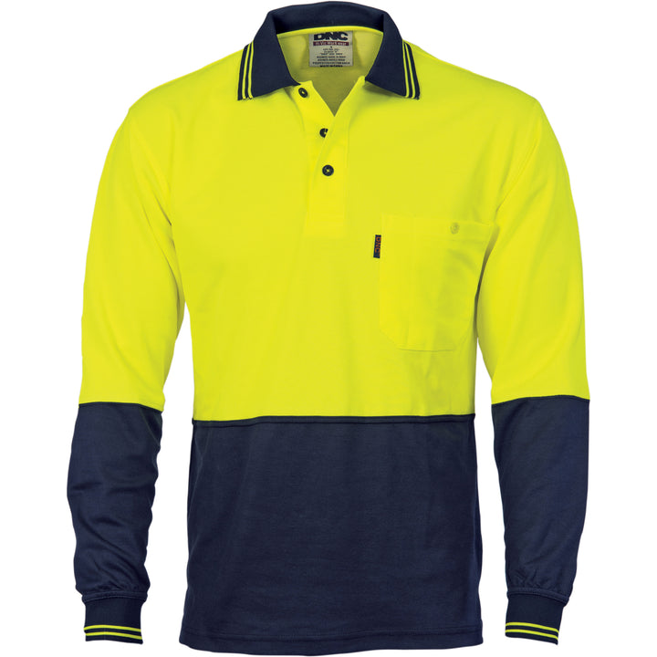 Cotton Back HiVis Two Tone Fluro Polo - Long Sleeve - Yellow/Navy