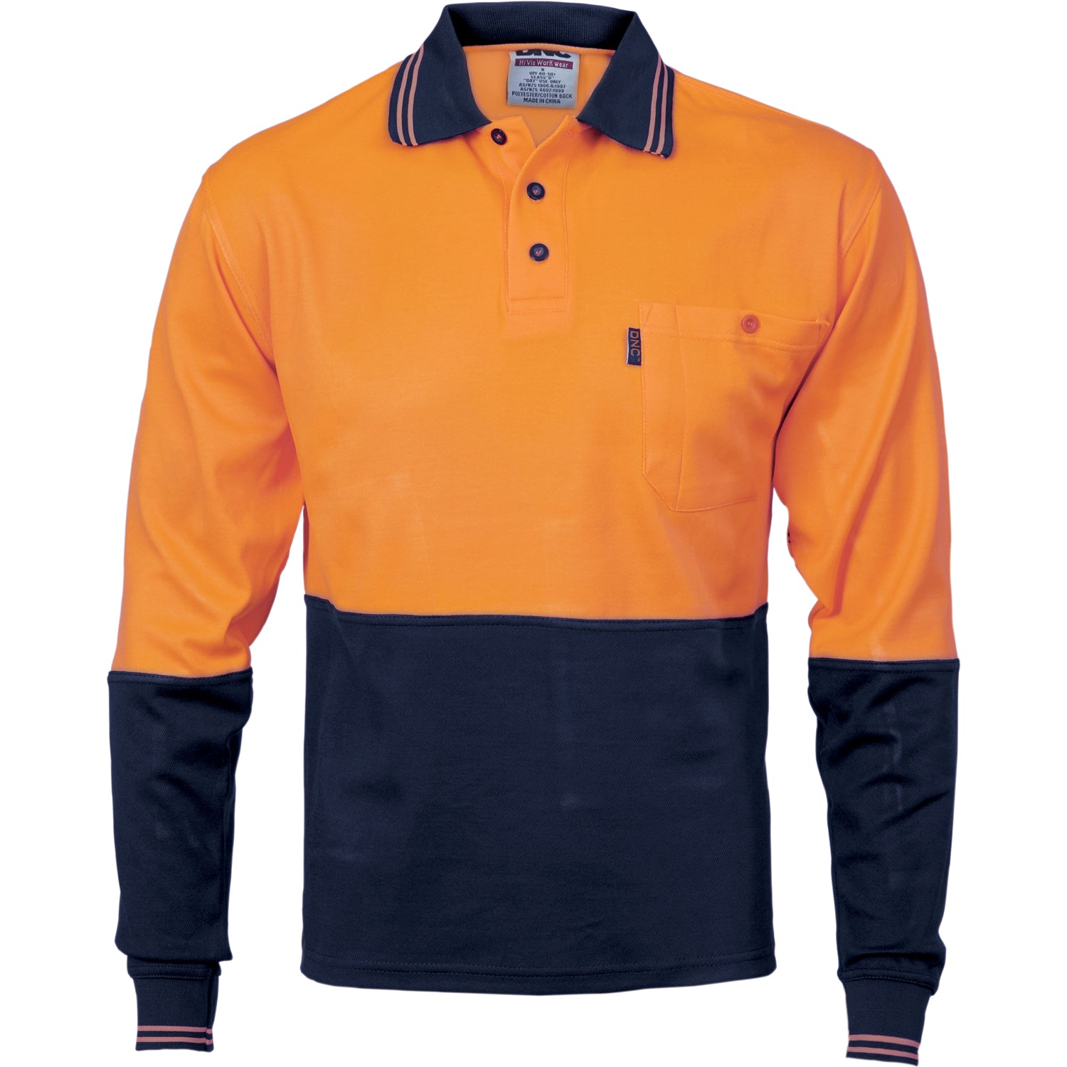 Cotton Back HiVis Two Tone Fluro Polo - Long Sleeve - Orange/Navy