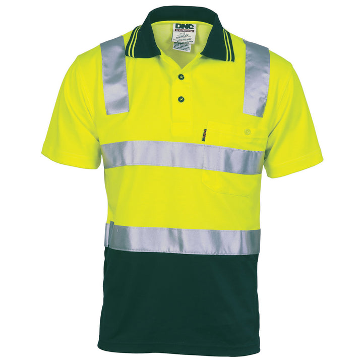 Cotton Back HiVis Two Tone Polo Shirt with CSR R/Tape - Short Sleeve - Yellow/Bottle Green