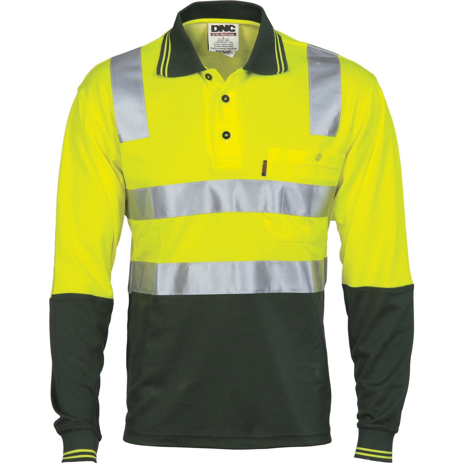 Cotton Back HiVis Two Tone Polo Shirt with CSR R/Tape - L/S - Yellow/Bottle Green