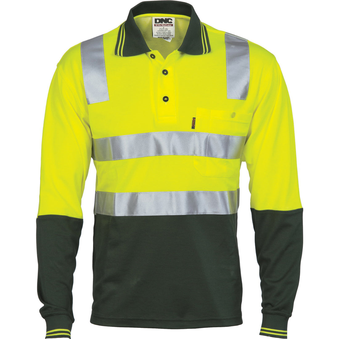 Cotton Back HiVis Two Tone Polo Shirt with CSR R/Tape - L/S - Yellow/Bottle Green