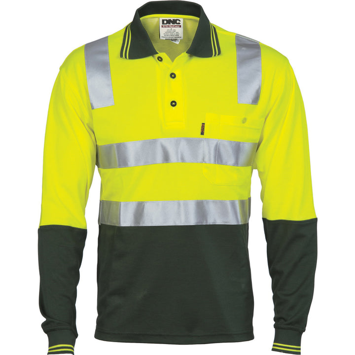 Cotton Back HiVis Two Tone Polo Shirt with CSR R/Tape - L/S - Yellow/Bottle Green
