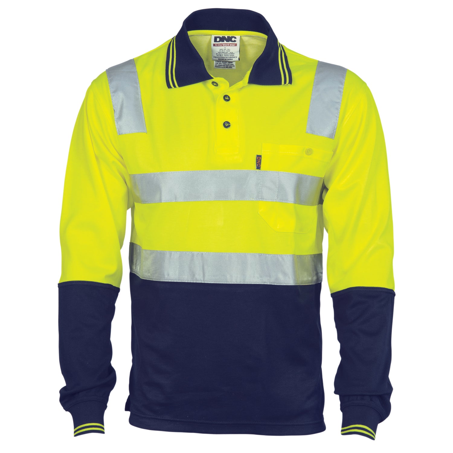 Cotton Back HiVis Two Tone Polo Shirt with CSR R/Tape - L/S - Yellow/Navy