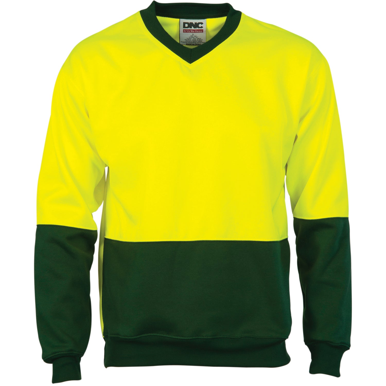 HiVis Two Tone Fleecy Sweatshirt (Sloppy Joe) V-Neck - Yellow/Bottle Green